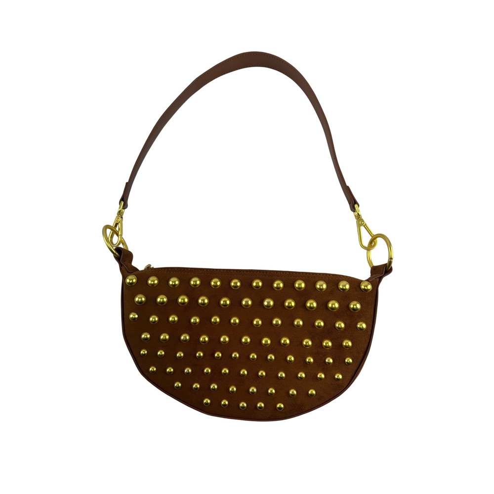Think Royln Superstar Crescent Shoulder Bag Brown Studded Faux Suede Boho Small